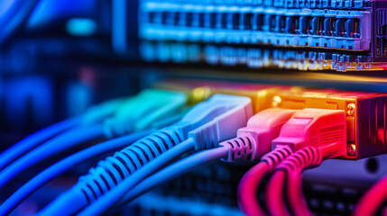 Network cables connected to a server switch with colorful lights in a data center environment during nighttime operation