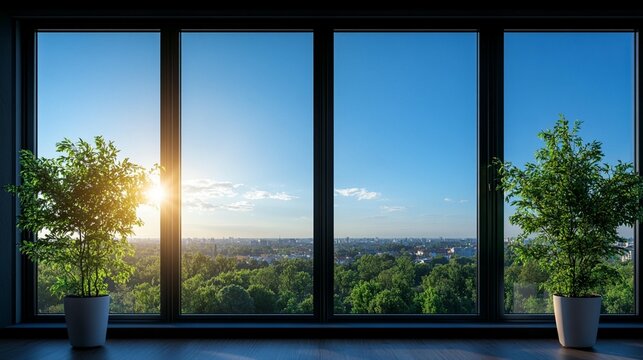 Fototapeta Sunrise landscape view from modern window with indoor plants
