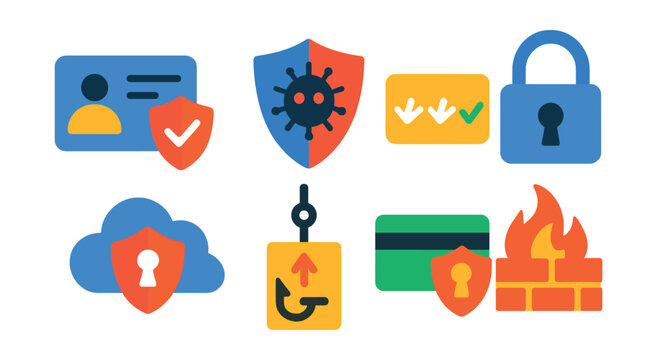 Flat vector icons of cybersecurity: personal data safety, virus protection, strong password, digital lock, cloud security, phishing, secure payment, firewall.