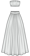 Smocked Tube Top With Maxi Skirt Set Suit Fashion Illustration, Vector, CAD, Technical Drawing, Flat Drawing, Template, Mockup.