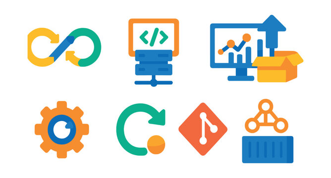 Flat vector icons of DevOps: CI/CD pipeline, infrastructure as code, monitoring dashboard, deployment icon, automation gear, rollback icon, GitOps logo, container orchestration.