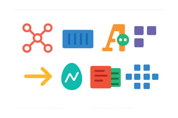 Fototapeta premium Flat vector icons of microservices: service mesh, container icon, API gateway, individual services, network request, monitoring pod, distributed logs, microservice cluster.