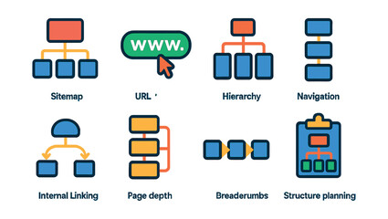 Fototapeta na wymiar Flat vector icons of site architecture: sitemap icon, URL structure, hierarchy tree, navigation flow, internal linking, page depth, breadcrumbs, structure planning.