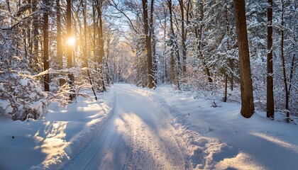sunlit snowy forest trail in wisconsin winter wonderland ideal for skiing and biking adventures