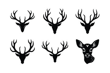 black silhouettes of wild deers – male, female and roe deer logo vector.
