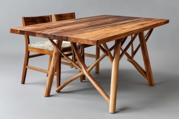 Fototapeta premium Unique wooden dining table and chairs showcasing intricate craftsmanship and natural materials in modern design
