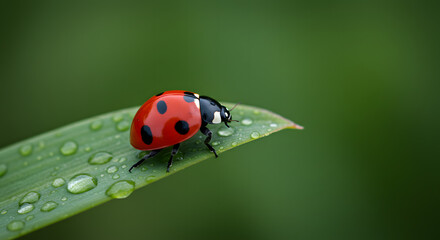 Fototapeta premium A vibrant ladybug rests on a dew-kissed leaf, captured in stunning macro detail against green.