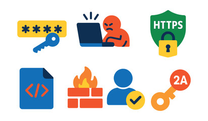 Flat vector icons of security best practices: password policy, brute force icon, secure API, HTTPS lock, CSP header, firewall config, user permissions, 2FA key.