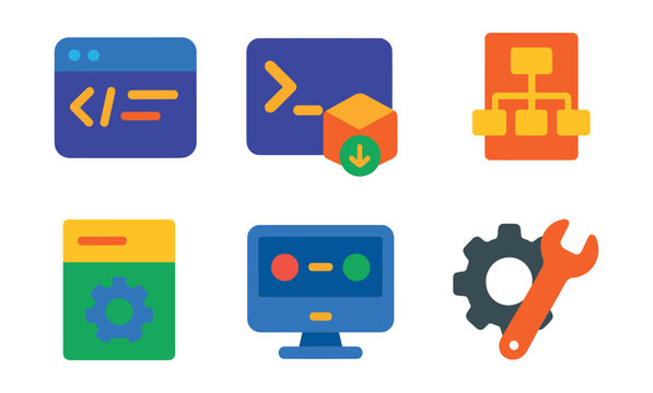 Flat vector icons of dev environment setup: code editor, terminal setup, package installer, file structure, project config, environment file, local server, dev tools icon.