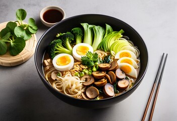 Vegetarian ramen bowl with mushrooms and bok choy