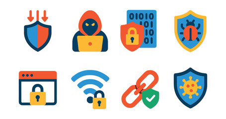 Fototapeta premium Flat vector icons of cybersecurity: DDoS protection, cyber threat, data theft prevention, malware protection, safe browser, secure Wi-Fi, secure connection, virus protection.