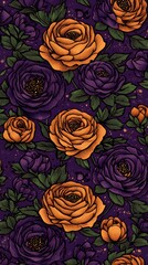 Halloween Floral Seamless Pattern Purple Orange Roses