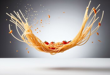 spaghetti noodles spinning mid-air with tomato sauce splatte