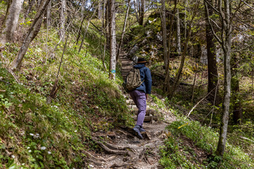 Obraz premium A young man in his thirties wearing a wide-brimmed hiking hat and clothes, with a backpack, walks along a picturesque alpine path, in spring in Austria
