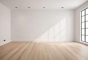 Fototapeta premium Neutral living space with wood floor and empty wall