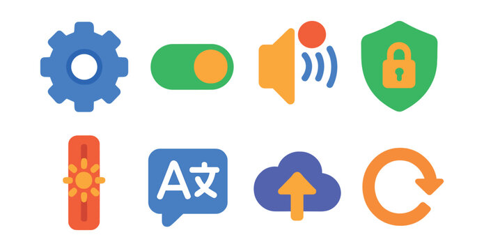 Flat vector icons of settings apps: gear icon, toggle switch, notification sound, app permissions, brightness bar, language option, backup icon, reset button.