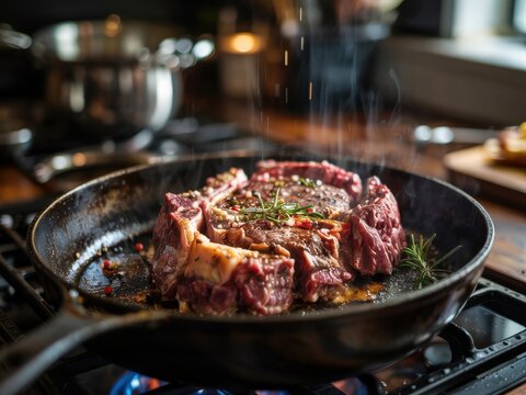 Sizzling steak cooking in a cast iron skillet on a stovetop with herbs and spices