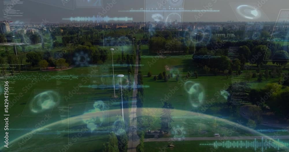 Poster park pathway being highlighted with floating holographic data overlays and curved globe visuals
