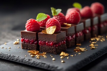 Decadent Chocolate Brownies with Raspberry Filling and Gold Leaf Garnish