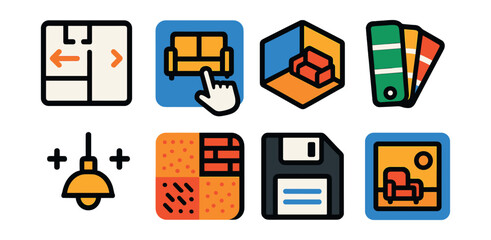 Flat vector icons of interior design planner apps: room layout, furniture drag, 3D view, color palette, lighting plan, wall texture, save design, preview room.