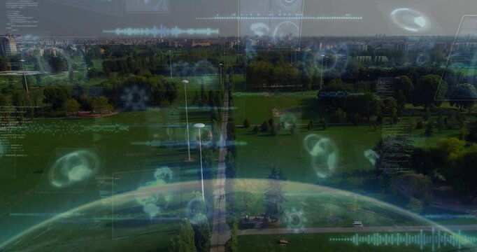 Park pathway being highlighted with floating holographic data overlays and curved globe visuals