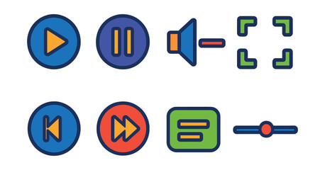 Flat vector icons of video players: play button, pause button, volume slider, fullscreen mode, rewind icon, forward icon, subtitle toggle, timeline bar.