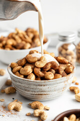 Milk being poured into ceramic bowl of cashew nuts. Vegan breakfast idea.  
