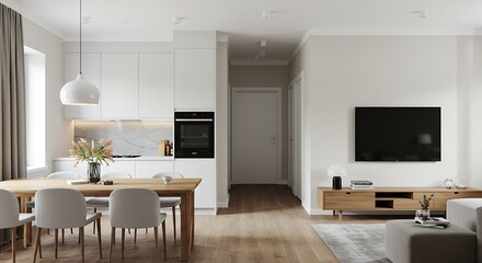 Contemporary open space apartment with integrated kitchen and living room, soft whites and grays, elegant minimalist decor, wood contrasts, modern lighting, and crisp professional photography.