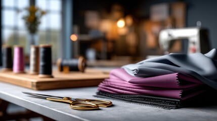 Sewing station with fabric, thread, and scissors, crafting a vibrant creation.