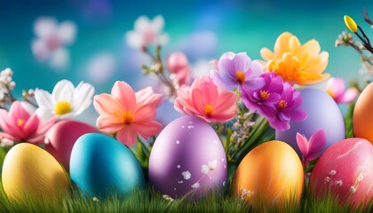 Fototapeta premium colorful easter eggs and spring flowers