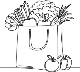 continuous line sketch of veggies inside grocery bag
