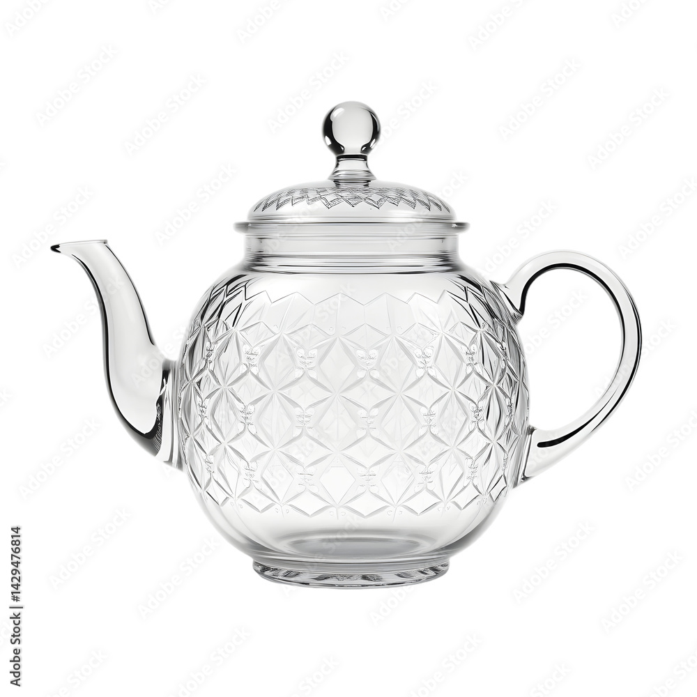Poster Elegant Teapot, A Glass Classic. Intricate Pattern Is Visible. Simple Studio Shot. Isolated On Pure White. No Shadows Are Visible.
