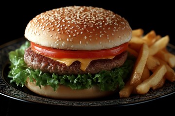 Delicious Cheeseburger with Crispy Fries on a Dark Background Perfect for Food Photography and