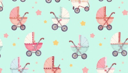 Cute pastel stroller print, repeating seamless design, carriage, illustration, background