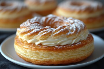 Delicious CreamFilled Pastry with Powdered Sugar Dusting on a White Plate