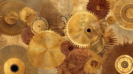 Steampunk style golden gears and cogs background, intricate mechanism concept. Perfect for industrial designs, vintage themes, and technology projects.