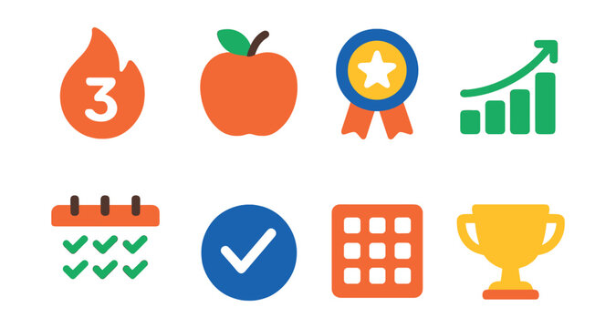 Flat vector icons of habit tracker tools: daily streak, habit icon, motivation badge, progress chart, weekly goal, completion check, task grid, reward trophy.