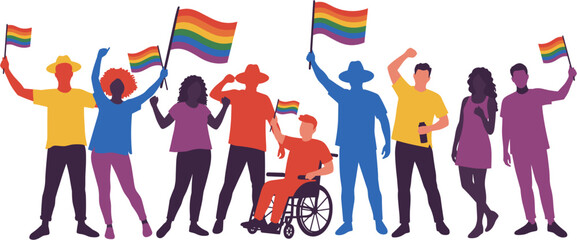 Diverse group celebrating pride with rainbow flags on white background  