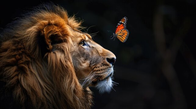 a photo portrait of a lion looking a butterfly in flamme, national geographic style, ultradetailled, photography real, - Powered by Adobe
