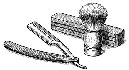 Vintage shaving kit with straight razor and brush on wooden background  