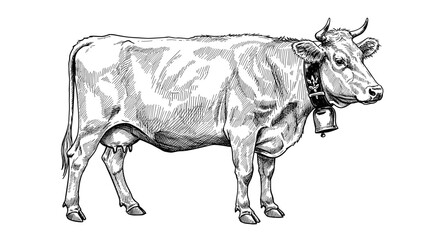 Full length Cow with a bell on collar standing in profile  isolated on white  