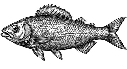 Engraved fish illustration in detailed black and white style  