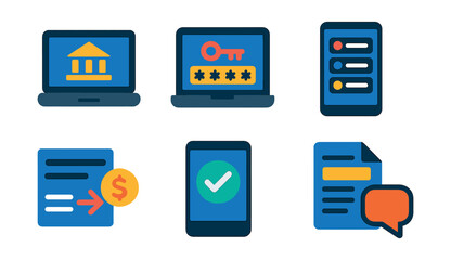Flat vector icons of internet banking: laptop with bank login, OTP entry, transaction menu, balance check, wire transfer form, digital approval, statement request, chat support.