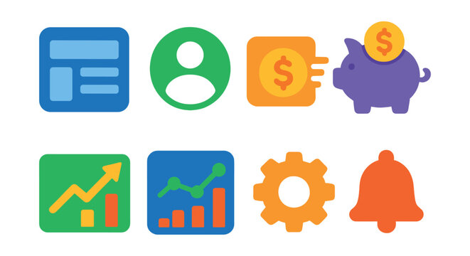 Flat vector icons of financial app interface: app dashboard, account icons, quick pay, savings tab, investment preview, chart view, settings gear, notification bell.