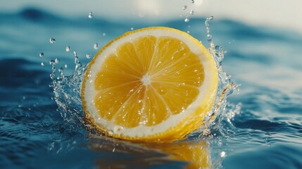 Yellow Lemon Slice Splashing in Blue Water