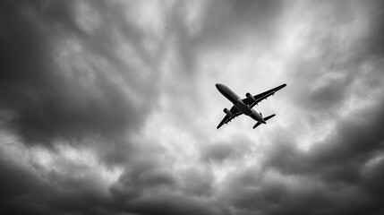Dramatic Black and White Capture of an Airplane Flying Through Ominous Clouds