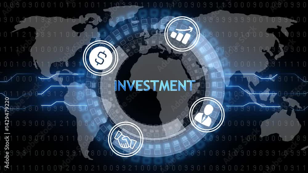 Poster neon line investment text with business technology background featuring world map, analytic graphics