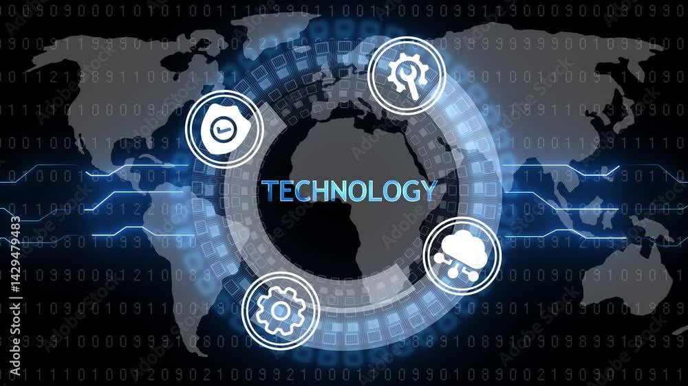 Poster technology text on technology background featuring world map, analytic graphics, and trading interfa