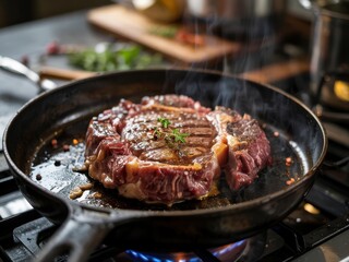 Juicy steak sizzling in a skillet with herbs and spices on a stovetop in a modern kitchen
