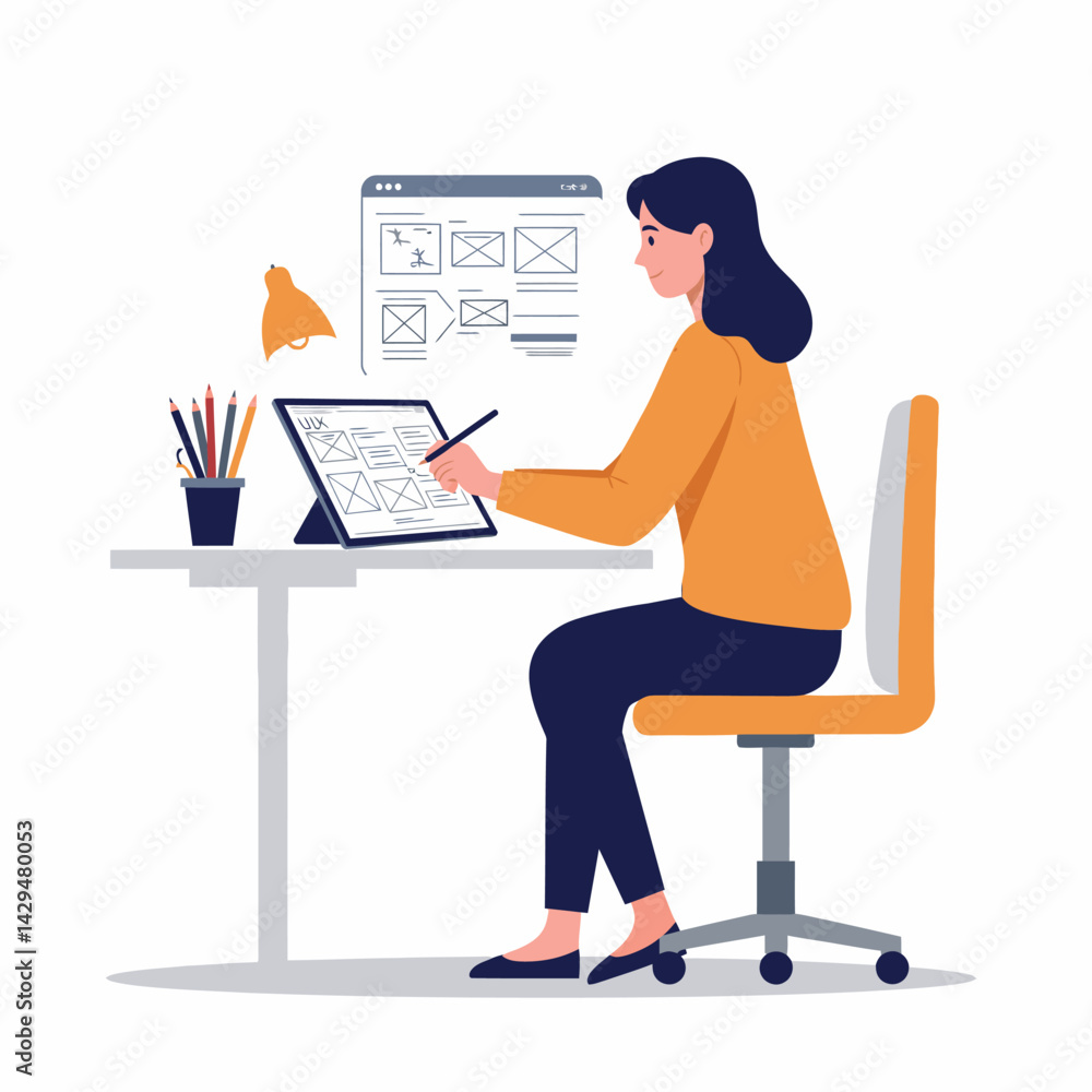 Poster woman working on digital tablet creating wireframe design at desk in modern workspace